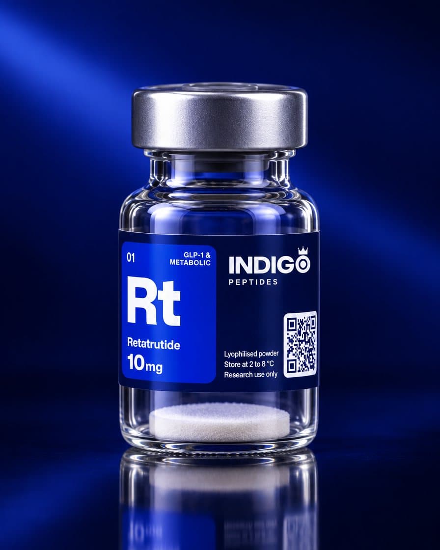 Retatrutide 10 mg vial with the Indigo Peptides label